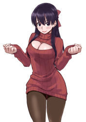 Rule 34 | 1girl, black eyes, black hair, blush, bow, breasts, brown pantyhose, cleavage, cleavage cutout, clenched hands, clothing cutout, cowboy shot, dress, forearms at chest, hair bow, half updo, hands up, highres, inugami-san to sarutobi-kun wa naka ga warui., inugami tsubaki, light smile, lipstick, long hair, long sleeves, looking at viewer, makeup, medium breasts, meme attire, open-chest sweater, pantyhose, revision, ribbed sweater, sidelocks, simple background, sleeves past wrists, smile, solo, standing, sweater, sweater dress, tachibana roku, turtleneck, white background, wrists extended