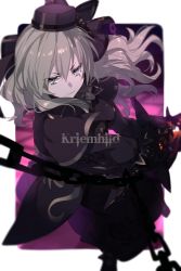 Rule 34 | 1girl, ascot, black capelet, black dress, black flower, black gloves, black hat, black rose, breasts, capelet, chain, character name, dress, echo (circa), fate/grand order, fate (series), flower, gloves, grey eyes, hat, kriemhild (fate), kriemhild (first ascension) (fate), large breasts, long hair, long sleeves, looking at viewer, mole, mole under eye, rose, solo, sword, veil, weapon, white hair