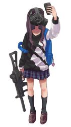 Rule 34 | 1girl, backpack, bag, black socks, brown footwear, brown hair, full body, gas mask, gun, h&amp;k ump, holding, holding gun, holding weapon, kneehighs, loafers, long hair, mask, military, original, plaid, plaid skirt, shoes, skirt, socks, solo, tabao, taking picture, twitch.tv, weapon, weapon request