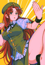 Rule 34 | 1girl, black bow, blue eyes, bow, braid, commentary request, dress, fighting stance, green dress, green headwear, hair bow, highres, hong meiling, long hair, noriuma, red hair, shirt, side slit, single braid, sketch, solo, thighs, touhou, white shirt