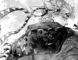 Rule 34 | 1boy, battle tendency, caesar anthonio zeppeli, covered mouth, facial mark, feather hair ornament, feathers, greyscale, hair ornament, halftone, hatching (texture), headband, jojo no kimyou na bouken, looking back, male focus, monochrome, nitako, outdoors, scarf, short hair, sideways glance, snowing, solo, tree, upper body