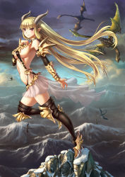 Rule 34 | 1girl, ass, bare shoulders, black footwear, black thighhighs, blonde hair, boots, breasts, choker, detached sleeves, dragon, dragon girl, fantasy, high heels, highres, horns, long hair, md5 mismatch, mountain, navel, original, pointy ears, red eyes, resolution mismatch, revealing clothes, revision, see-through, sideboob, solo, source smaller, suspenders, thigh boots, thighhighs, underboob, very long hair, youbou