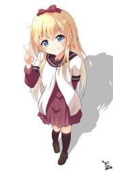 Rule 34 | 1girl, arm behind back, black footwear, black sailor collar, blonde hair, blue eyes, blush, bow, commentary, cruvie, dress, drop shadow, foreshortening, from above, full body, grin, hair between eyes, hair bow, hand up, highres, loafers, long hair, long sleeves, looking at viewer, partially unbuttoned, pleated dress, red bow, red dress, sailor collar, school uniform, serafuku, shirt, shoes, short sleeves, signature, simple background, smile, smug, solo, standing, toshinou kyouko, upturned eyes, v, v-shaped eyebrows, very long hair, white background, white shirt, yuru yuri