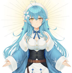 Rule 34 | 1girl, absurdres, ahoge, bare shoulders, belt, beret, blouse, blue hair, blue jacket, blush, bow, bowtie, braid, breasts, carolrin, center frills, cleavage, cleavage cutout, closed mouth, clothing cutout, commentary, corset, dress, flower, frills, fur-trimmed jacket, fur trim, hair between eyes, hair flower, hair ornament, half updo, hat, heart, heart ahoge, highres, hololive, jacket, large breasts, long hair, long sleeves, looking at viewer, plaid, plaid bow, pointy ears, shirt, skirt, sleeveless, sleeveless shirt, sleeves past wrists, smile, snowflake hair ornament, snowflake print, solo, upper body, virtual youtuber, white shirt, white skirt, wide sleeves, yellow eyes, yukihana lamy