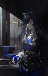 Rule 34 | 1girl, absurdres, animal ear fluff, animal ears, arknights, belt, belt pouch, black coat, black hair, black vest, blue gloves, blue necktie, blue shorts, cigarette, closed mouth, coat, coat on shoulders, cowboy shot, fingerless gloves, gloves, highres, holding, holding cigarette, indoors, long hair, long sleeves, looking away, looking to the side, mirror, necktie, pouch, qingfeng canying, red eyes, reflection, shorts, smoke, solo, texas (arknights), texas the omertosa (arknights), vest, wolf ears