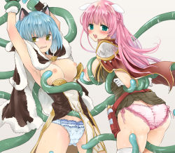 Rule 34 | 2girls, animal ears, ass, belt, blue hair, blue panties, blush, bow, bow panties, braid, breasts, brown cape, brown dress, brown gloves, butt crack, cape, cat ears, commentary request, commission, cowboy shot, creator (ragnarok online), dog ears, dress, french braid, fur-trimmed cape, fur-trimmed gloves, fur trim, gloves, green eyes, high wizard (ragnarok online), highres, kainohito, lace, lace-trimmed panties, lace trim, large breasts, layered dress, long hair, looking back, multiple girls, nipples, open mouth, panties, pink hair, pink panties, ragnarok online, red belt, red cape, restrained, short dress, short hair, skeb commission, slime (substance), strapless, strapless dress, tentacles, tentacles under clothes, thighhighs, two-tone dress, underwear, vial, white dress, white gloves, white legwear, yellow eyes