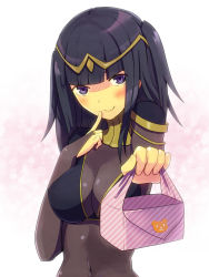 Rule 34 | 1girl, bento, black hair, blush, bodysuit, breasts, bridal gauntlets, cleavage, finger to mouth, fire emblem, fire emblem awakening, large breasts, long hair, nintendo, purple eyes, see-through, short twintails, skin tight, smile, solo, tharja (fire emblem), twintails, two side up, yutsuna