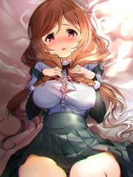 Rule 34 | 1girl, arm warmers, bed, blanket, blush, bow, bowtie, braid, breasts, brown hair, cleavage, collared shirt, commentary request, from above, grey skirt, hair between eyes, hair ornament, hands on own chest, kantai collection, large breasts, light brown hair, long hair, looking at viewer, lying, minegumo (kancolle), on bed, open mouth, plaid, plaid bow, plaid bowtie, plaid neckwear, pleated skirt, red bow, red bowtie, red eyes, ribbon, school uniform, shirt, short sleeves, skirt, solo, suspender skirt, suspenders, sweatdrop, thighs, twin braids, white shirt, youmou usagi