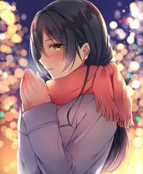 Rule 34 | 1girl, blue hair, blush, coat, commentary request, from side, hair between eyes, highres, long hair, long sleeves, looking at viewer, love live!, love live! school idol festival, love live! school idol project, open mouth, own hands clasped, own hands together, red scarf, scarf, smile, solo, sonoda umi, upper body, winter clothes, winter coat, yellow eyes, yumari nakura