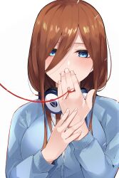 Rule 34 | 1girl, absurdres, blue cardigan, blue eyes, blush, breasts, brown hair, cardigan, covering own mouth, go-toubun no hanayome, hair between eyes, hair over eyes, hands up, headphones, headphones around neck, highres, large breasts, long hair, looking at viewer, mame1645, nakano miku, simple background, solo, string, string of fate, white background