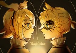 Rule 34 | 1boy, 1girl, black background, blonde hair, blue eyes, bow, cat mask, character name, closed mouth, english text, expressionless, eye contact, eye mask, face-to-face, from side, glowing, hair between eyes, hair bow, kagamine len, kagamine rin, looking at another, mask, miku symphony (vocaloid), nunosei, portrait, profile, short hair, short ponytail, simple background, symmetry, vocaloid, yellow theme