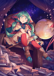 Rule 34 | 1girl, bad id, bad pixiv id, book, boots, bow, dress, green eyes, green hair, headwear request, highres, long hair, night, open mouth, original, pantyhose, red pantyhose, scenery, scroll, shichigatsu, short sleeves, sitting, sky, solo, star (sky), white dress
