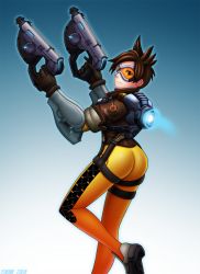 Rule 34 | 1girl, ass, bodysuit, bomber jacket, brown eyes, brown gloves, brown hair, brown jacket, from behind, gloves, goggles, gun, holding, holding gun, holding weapon, jacket, leather, leather jacket, looking at viewer, overwatch, overwatch 1, short hair, solo, spiked hair, thigh strap, tracer (overwatch), weapon
