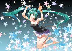 Rule 34 | 1girl, aqua eyes, aqua hair, armpits, arms up, bare legs, bare shoulders, barefoot, bracelet, breasts, choker, collarbone, dress, feet, floating hair, gradient background, hatsune miku, jewelry, justminor, long hair, medium breasts, open mouth, skirt, solo, star (symbol), strapless, strapless dress, twintails, very long hair, vocaloid