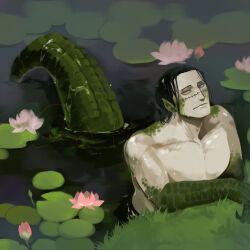 Rule 34 | 1boy, 1natsu (8 12ym), black hair, crocodile (one piece), crocodile boy, crocodilian tail, grass, hair slicked back, highres, jitome, lake, large pectorals, lily pad, looking at viewer, male focus, mature male, monsterification, muscular, muscular male, nude, one piece, pectorals, reptile boy, scales, short hair, sideways glance, smoking, solo, tail, tail raised, yellow eyes