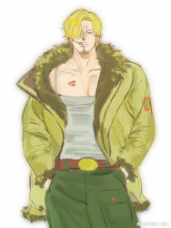 Rule 34 | 1boy, alternate facial hair, alternate pectoral size, bara, belt, blonde hair, bored, cigarette, curly eyebrows, facial hair, feet out of frame, goatee stubble, grey tank top, hair over one eye, half-closed eyes, highres, jacket, large pectorals, lipstick mark, looking at viewer, male focus, mature male, muscular, muscular male, mustache stubble, one piece, open clothes, open jacket, pants, pectoral cleavage, pectorals, sanji (one piece), short hair, solo, straight-on, stubble, sweetdou3, tank top