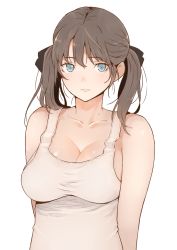 Rule 34 | 1girl, arms at sides, bad artstreet id, bad id, blee, blue eyes, blush, breasts, brown hair, cleavage, closed mouth, collarbone, grey background, large breasts, looking at viewer, mole, original, simple background, solo, tank top, twintails, upper body