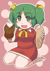 Rule 34 | 1girl, :d, baguette, blush, bobby socks, bone, boned meat, bread, breasts, collared dress, dress, elona, eyebrows, facing viewer, food, full body, green eyes, green hair, hair ribbon, holding, holding food, looking away, lowres, meat, medium breasts, open mouth, outline, pink background, red dress, ribbon, short dress, short hair, short twintails, sidelocks, sitting, smile, socks, solo, tareme, taut clothes, taut dress, tight clothes, tight dress, tokimoto, tongue, twintails, wariza, white outline, white socks, yellow ribbon, younger sister (elona)