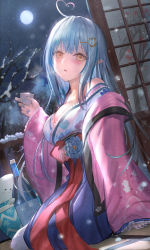 Rule 34 | 1girl, ahoge, blue hair, blue hakama, blue nails, blush, bottle, commentary request, cup, daifuku (yukihana lamy), elf, floral print, full moon, hair ornament, hakama, hakama skirt, heart, heart ahoge, himonoata, holding, holding cup, hololive, indoors, jacket, japanese clothes, kimono, long hair, long sleeves, looking at viewer, moon, nail polish, night, night sky, parted lips, pink jacket, pointy ears, print kimono, sitting, skirt, sky, sleeves past wrists, snow, solo, virtual youtuber, white kimono, yellow eyes, yukihana lamy, yukihana lamy (new year)