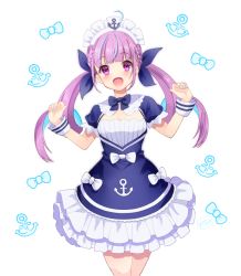 Rule 34 | 1girl, :d, ahoge, anchor symbol, blue dress, blue hair, blue nails, blue ribbon, blush, breasts, colored inner hair, commentary request, dress, fingernails, frilled dress, frills, hair ribbon, hands up, hololive, ittokyu, long hair, maid headdress, minato aqua, minato aqua (1st costume), multicolored hair, nail polish, open mouth, puffy short sleeves, puffy sleeves, purple eyes, purple hair, ribbon, short sleeves, simple background, small breasts, smile, solo, twintails, two-tone hair, very long hair, virtual youtuber, white background, wrist cuffs
