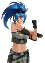 Rule 34 | 1girl, abs, absurdres, alternate costume, ammunition pouch, bare shoulders, belt, blue eyes, blue hair, booger wang, breasts, camouflage, eyewear on head, fingerless gloves, glasses, gloves, highres, leona heidern, midriff, ponytail, pouch, sleeveless, solo, tank top, the king of fighters