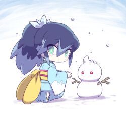 Rule 34 | 1girl, blue hair, blush, fubukihime, green eyes, high ponytail, japanese clothes, kimono, kneeling, long hair, looking at viewer, looking back, multicolored hair, nollety, snow, snowman, solo, two-tone hair, youkai (youkai watch), youkai watch