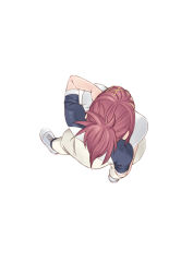 Rule 34 | 1girl, alternate hairstyle, amanchu!, commentary request, easy (aqk7bdqt), foreshortening, from above, full body, hair ornament, ninomiya ai, red hair, shoes, simple background, sneakers, solo, white background, x hair ornament
