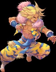 Rule 34 | 1boy, abs, animal print, ankle wrap, barefoot, blonde hair, blue hat, dark-skinned male, dark skin, full body, fur collar, fur trim, haccan, hat, kevin (seiken densetsu 3), male focus, medium hair, messy hair, no shoes, official art, open mouth, pants, pectorals, seiken densetsu, seiken densetsu 3, sleeveless, solo, tiger print, transparent background, vest, yellow eyes, yellow vest