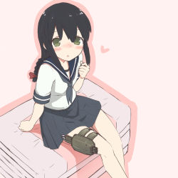 Rule 34 | 10s, 1girl, absurdres, black hair, blush, braid, brown eyes, from above, heart, highres, isonami (kancolle), kantai collection, long hair, looking at viewer, looking up, personification, school uniform, serafuku, short sleeves, skirt, solo, tapi (akkyun)