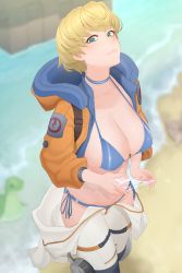 Rule 34 | 1girl, absurdres, apex legends, bikini, blonde hair, blue bikini, blue eyes, breasts, cleavage, clothes, female focus, highres, large breasts, looking at viewer, open clothes, scar, scar across eye, scar on face, shirofugu, short hair, smile, solo, swimsuit, wattson (apex legends)