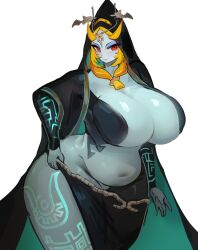 Rule 34 | 1girl, alternate body size, alternate breast size, black skin, blue skin, body markings, breasts, colored sclera, colored skin, commission, cropped legs, eyeshadow, front ponytail, grey skin, highres, hood, huge breasts, long hair, makeup, midna, midna (true), multicolored skin, nintendo, orange hair, plump, purple eyeshadow, purple lips, simple background, smile, standing, the legend of zelda, the legend of zelda: twilight princess, thick thighs, thighs, two-tone skin, utta, white background, wide hips, yellow sclera