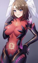 Rule 34 | 1girl, alternate costume, amayo thranana, asymmetrical bangs, black bodysuit, blue eyes, bodysuit, breasts, brown hair, eunie (xenoblade), feathered wings, grin, hand up, head wings, highres, large breasts, looking at viewer, medium hair, red bodysuit, simple background, smile, solo, two-tone bodysuit, white wings, wings, xenoblade chronicles (series), xenoblade chronicles 3