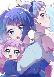 Rule 34 | 1girl, baby, blue dress, blue eyes, blue hair, blue shirt, closed mouth, commentary, cure sky, cut bangs, dress, dual persona, earrings, ellee-chan, frown, hair ornament, hirogaru sky! precure, holding baby, jewelry, long hair, long sleeves, looking at viewer, looking back, magical girl, open mouth, precure, purple hair, shirt, short hair, side ponytail, sleeveless, sleeveless dress, smile, solo, sora harewataru, twitter username, white background, yuzunono