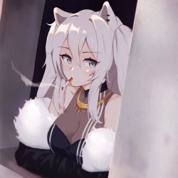 Rule 34 | 1girl, alternate hairstyle, animal ears, breasts, cat ears, cigarette, cleavage, crossed arms, ear piercing, eyelashes, fur-trimmed jacket, fur trim, grey hair, hair intakes, highres, hololive, jacket, large breasts, leaning forward, long hair, looking at viewer, looking to the side, mino (minosura27), off-shoulder jacket, off shoulder, piercing, see-through, see-through cleavage, shirt, shishiro botan, shishiro botan (1st costume), sidelocks, smoking, solo, striped clothes, striped shirt, torc, twintails, vertical-striped clothes, vertical-striped shirt, virtual youtuber, white stripes, window