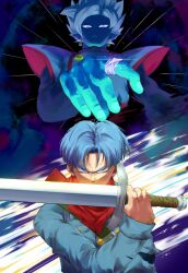 Rule 34 | 2boys, blue eyes, blue hair, blue jacket, commentary, covering own mouth, dragon ball, dragon ball super, earrings, english commentary, fused zamasu, highres, holding, holding sword, holding weapon, jacket, jewelry, long sleeves, male focus, multiple boys, papita pochi, pointing, potara earrings, purple eyes, short hair, spiked hair, sword, trunks (dragon ball), trunks (future) (dragon ball), upper body, v-shaped eyebrows, weapon
