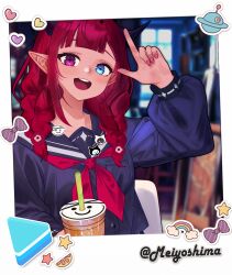 Rule 34 | 1girl, :d, absurdres, artist name, blue eyes, blue sailor collar, blue serafuku, blue shirt, blush, border, braid, commentary, cup, disposable cup, drinking straw, english commentary, finger gun, flower, guyrys, hair flower, hair ornament, hair over shoulder, heterochromia, highres, holding, holding cup, hololive, hololive english, horns, indoors, irys (gaming casual) (hololive), irys (hololive), long hair, long sleeves, looking at viewer, meiyoshima, neckerchief, official alternate costume, open mouth, pink nails, pointing, pointing up, pointy ears, puffy long sleeves, puffy sleeves, purple eyes, red hair, red neckerchief, sailor collar, school uniform, serafuku, shirt, sitting, smile, solo, teeth, twin braids, upper body, upper teeth only, virtual youtuber, white border