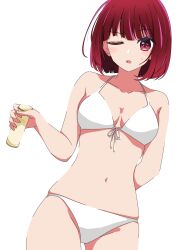 Rule 34 | 1girl, arima kana, bare arms, bare shoulders, belly, bob cut, bra, highres, inverted bob, kusana (kusana47454281), looking at viewer, navel, one eye closed, open mouth, oshi no ko, red eyes, red hair, short hair, simple background, underwear, white background, white bra