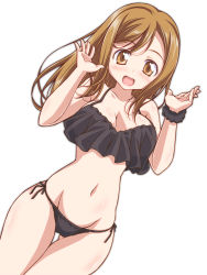 Rule 34 | 10s, 1girl, :d, black bra, black panties, black shirt, bra, breasts, camisole, cleavage, cowboy shot, crop top, dutch angle, gluteal fold, happy, kikuchi tsutomu, kunikida hanamaru, long hair, looking at viewer, love live!, love live! sunshine!!, medium breasts, navel, open mouth, panties, scrunchie, shirt, side-tie panties, simple background, smile, solo, standing, stomach, swept bangs, thigh gap, underwear, underwear only, w arms, white background, wrist scrunchie, wristband