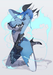 Rule 34 | 1girl, blue fire, blue hair, blue skin, breasts, claws, colored skin, demon girl, demon horns, fire, floral print, high heels, highres, horns, large breasts, looking at viewer, navel, original, simple background, solo, ub1mo, white eyes