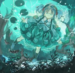 Rule 34 | 1girl, backpack, bag, blue eyes, blue footwear, blue hair, blue shirt, blue skirt, boots, closed mouth, fish, flat cap, full body, green hat, hair bobbles, hair ornament, hat, kawashiro nitori, key, konabetate, lily pad, long sleeves, looking at viewer, outdoors, plant, pocket, rubber boots, shirt, skirt, smile, solo, touhou, two side up, underwater