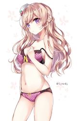 Rule 34 | 10s, 1girl, bad id, bad twitter id, bare shoulders, blonde hair, blush, bow, bow bra, bow panties, bra, braid, breasts, cleavage, commentary request, earrings, eyebrows, french braid, frown, jewelry, kantai collection, lace, lace-trimmed bra, lace-trimmed panties, lace trim, lingerie, long hair, looking at viewer, navel, off shoulder, panties, polka dot, polka dot bra, polka dot panties, purple bra, purple eyes, purple panties, shijima (sjmr02), solo, strap slip, underwear, underwear only, zara (kancolle)