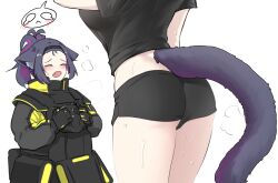 Rule 34 | 1girl, animal ears, arknights, ass, black bodysuit, black gloves, black shirt, black shorts, blue hair, blush, bodysuit, breasts, cat ears, cat girl, cat tail, closed eyes, commentary, cowboy shot, crop top, fang, gloves, highres, holding, holding mask, jessica (arknights), jessica (iron block) (arknights), k0ng, large breasts, mask, midriff, multiple views, official alternate costume, open mouth, ponytail, shirt, short shorts, short sleeves, shorts, simple background, standing, sweatdrop, tail, thighs, unworn mask, white background