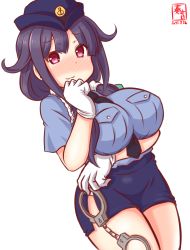 Rule 34 | 1girl, ahoge, alternate costume, artist logo, between breasts, black necktie, blue headwear, blue shirt, blue skirt, breasts, commentary request, cowboy shot, cuffs, dated, female service cap, gloves, hair flaps, handcuffs, kanon (kurogane knights), kantai collection, large breasts, low twintails, necktie, one-hour drawing challenge, pencil skirt, police, police uniform, policewoman, purple hair, red eyes, shirt, simple background, skirt, solo, taigei (kancolle), twintails, uniform, white background, white gloves