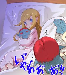 Rule 34 | 1boy, 1girl, :&lt;, bed, blanket, blonde hair, blue eyes, blush, commentary, doll, elf, frilled sleeves, frills, hug, long hair, long sleeves, lying, mushi gyouza, hugging object, on side, orc, original, pajamas, pillow, pointy ears, red eyes, red hair, revision, sweat, translated, trembling