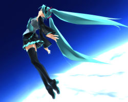 Rule 34 | 1girl, boots, female focus, flying, full body, hatsune miku, high heel boots, high heels, long hair, outdoors, rokuwata tomoe, sky, solo, thigh boots, thighhighs, twintails, very long hair, vocaloid, zettai ryouiki