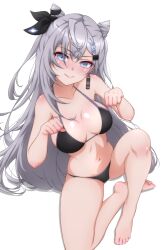 Rule 34 | 1girl, alternate costume, barefoot, bikini, black bikini, black ribbon, blue eyes, blush, breasts, breasts apart, closed mouth, collarbone, commentary, cone hair bun, crossed bangs, earrings, english commentary, feet, full body, grey hair, hair bun, hair ornament, hair ribbon, hands up, highres, hololive, hololive indonesia, jewelry, knee up, knees apart feet together, large breasts, lips, long hair, mixed-language commentary, nail polish, navel, on ground, p-nekoe, paw pose, pink nails, ribbon, sidelocks, simple background, sitting, smile, soles, solo, swimsuit, thighs, toenail polish, toenails, toes, very long hair, vestia zeta, virtual youtuber, white background