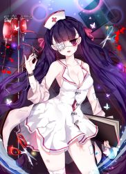 Rule 34 | 1girl, bad id, bad pixiv id, bandages, black hair, blood, blood bag, book, bow, breasts, bug, butterfly, cleavage, cowboy shot, eyepatch, hair bow, harin 0, hat, bug, long hair, monitor, nurse, nurse cap, original, red bow, red eyes, scissors, skirt, solo, syringe, twintails, white skirt