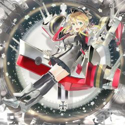 Rule 34 | 10s, 119, 1girl, :d, anchor hair ornament, blonde hair, gloves, green eyes, hair ornament, hat, highres, kantai collection, long hair, looking at viewer, machinery, open mouth, peaked cap, pleated skirt, prinz eugen (kancolle), salute, skirt, smile, solo, turret, twintails, white gloves