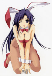 Rule 34 | 1girl, absurdres, animal ears, between breasts, box, breasts, cigarette, cleavage, fake animal ears, highres, kneeling, large breasts, lighter, long hair, looking at viewer, one eye closed, pantyhose, playboy bunny, rabbit ears, rabbit tail, scan, smile, solo, suzuhira hiro, tail, wink
