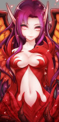 Rule 34 | 1girl, black thorn morgana, blackthorn morgana, breasts, cleavage, elbow gloves, gloves, keikazz, league of legends, lips, long hair, looking at viewer, morgana (league of legends), navel, pointy ears, purple hair, red gloves, smile, solo, wings